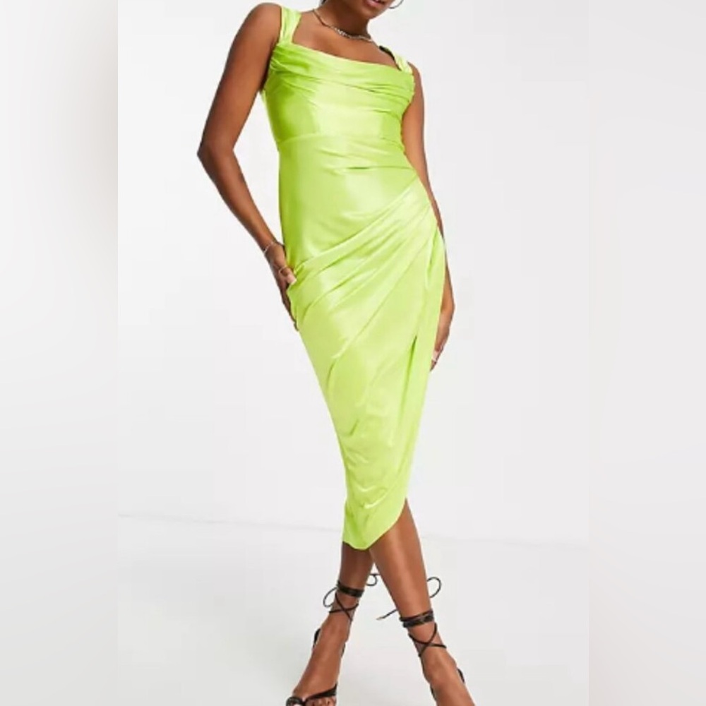 ASOS DESIGN Petite Satin Drape Corset Midi Dress in Lime Size 12 NWT